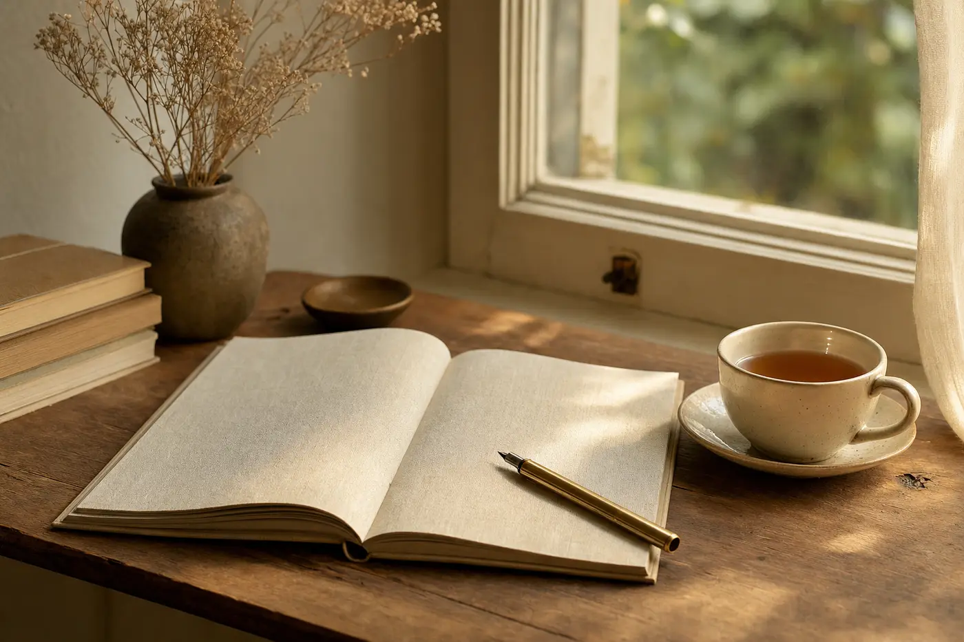 An open notebook, fountain pen and a cup of tea on a desk by the window