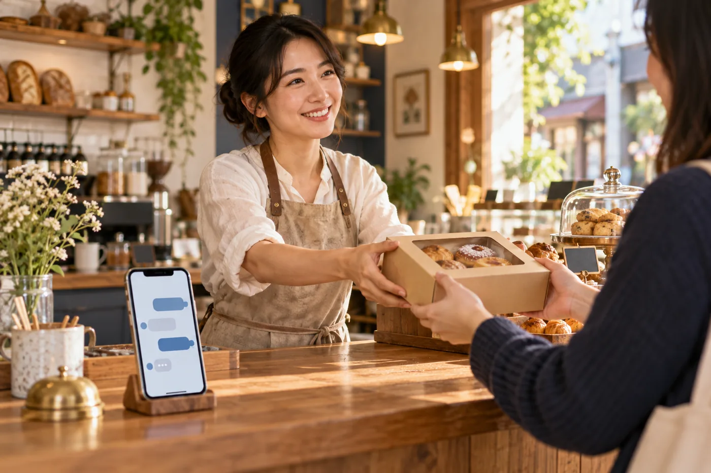 A bakery owner serves customers at the counter while the AI support on the phone replies to messages