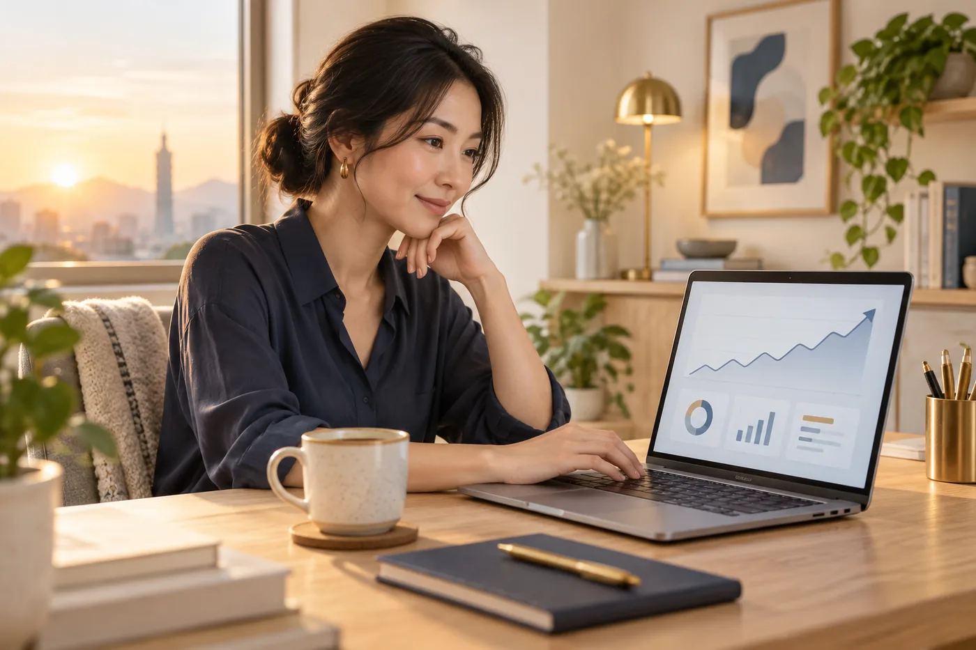 A small business owner at home in the morning, looking at a website traffic growth chart on a laptop