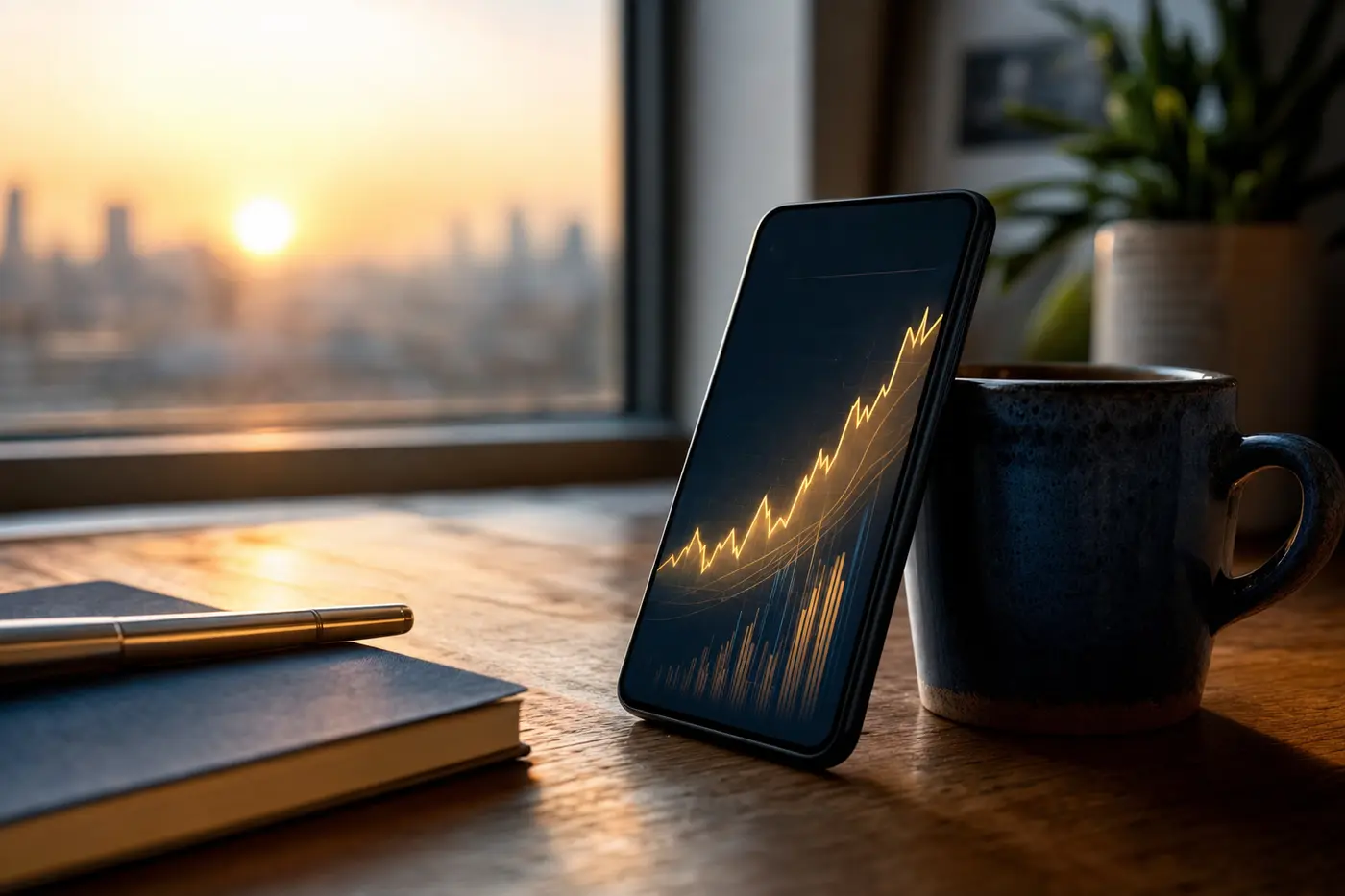 A phone on a morning desk showing the Stock Helper briefing on the owner's holdings